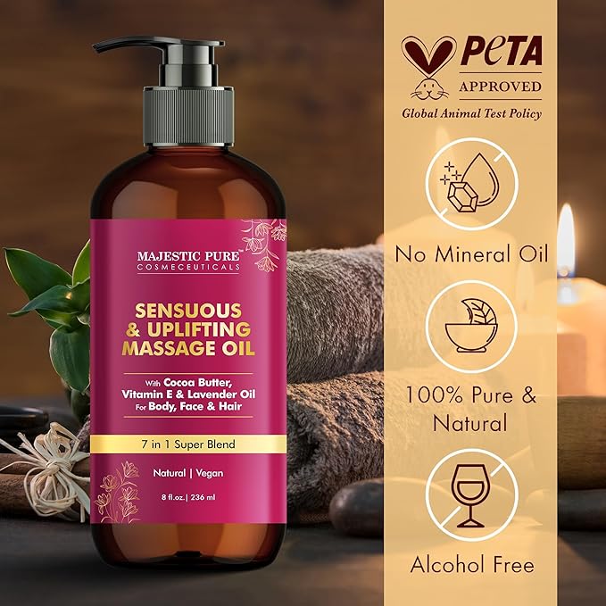 Majestic Pure Cocoa Massage Oil with Cocoa Butter, Vitamin E & Lavender Oil | Invigorating, Refreshing, and Relaxing |for All Skin Types - Men and Women | 8 Fl Oz