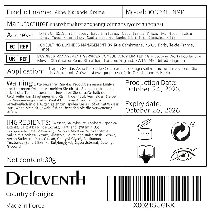 DEleventh Korean Brand Acne Clarifying Cream 30g / with Salicylic Acid, Vitamin B5, and Soothing Botanicals for a Clear, Nourished Complexion, Anti-Acne, Combats Blemishes, Hydrates, and Revitalizes