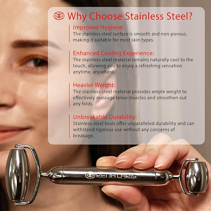 Rena Chris Gua Sha and Face Roller Set: Anti-Breakage Stainless Steel Roller for Long-Lasting Use, Jawline Sculpting and Puffiness Reducing, Gua Sha Facial Tools for Self Care Gift (Silver)