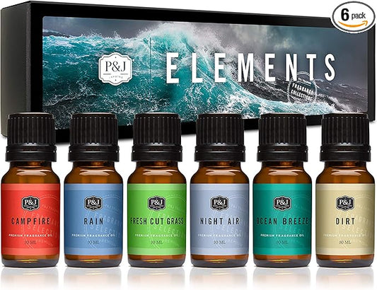P&J Trading Fragrance Oil Elements Set | Campfire, Night Air, Ocean Breeze, Dirt, Rain, Fresh Cut Grass Candle Scents for Candle Making, Freshie Scents, Soap Making Supplies