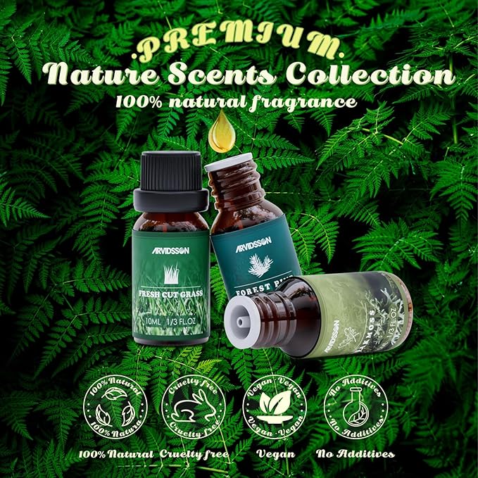 Nature Essential Oils Set, ARVIDSSON Natural Fragrance Oils for Candle Making, Fresh Cut Grass, Ocean Breeze, Rain, Pine, Sandalwood, Oakmoss, Diffuser Scented Oils