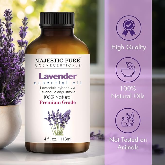 Majestic Pure Lavender Essential Oil | 100% Natural | Premium Grade Essential Oils for Hair Care, Home Diffusers, Skin, Aromatherapy, Massage and Humidifiers | 4 Fl Oz (Pack of 2)