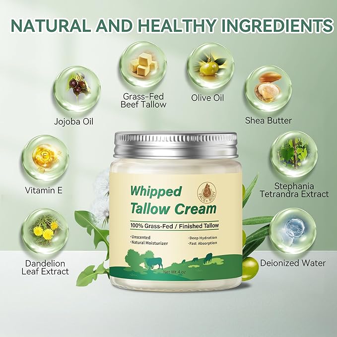 Beef Tallow for Skin, Organic Grass Fed Whipped Beef Tallow Moisturizer Nourishes and Hydrates the Skin, Natural Unscented Tallow Face Moisturizer Smooth Soft for Dry Skin, 4oz