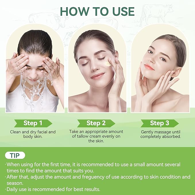 Beef Tallow for Skin, Organic Grass Fed Whipped Beef Tallow Moisturizer Nourishes and Hydrates the Skin, Natural Unscented Tallow Face Moisturizer Smooth Soft for Dry Skin, 4oz