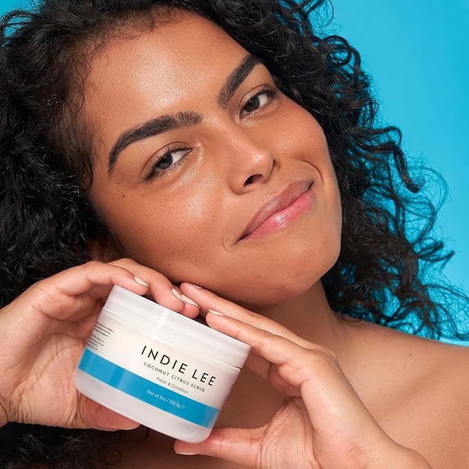 Indie Lee Citrus & Coconut Body Scrub - Hydrating Body Exfoliator & Sugar Scrub with Coconut Oil + Jojoba Oil for Dry Skin - All Over Lemon, Vanilla & Lemongrass Exfoliating Scrub (8oz)