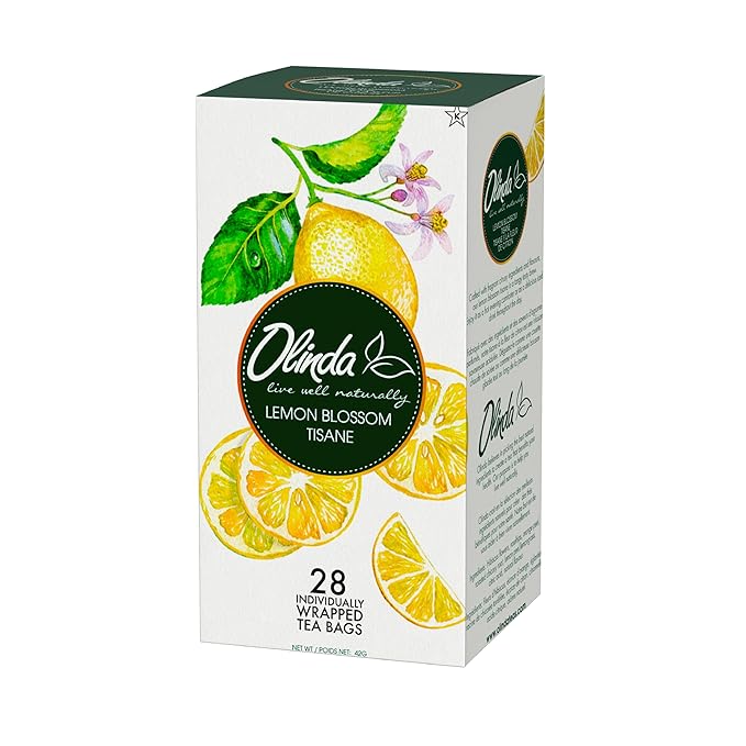 Olinda Herbal Tea Lemon Blossom Tisane Caffeine Free Organic Lemon Tea with Hibiscus Rosehips Orange Peel Lemongrass Natural Tea Bags For Women 28 Tea Bags