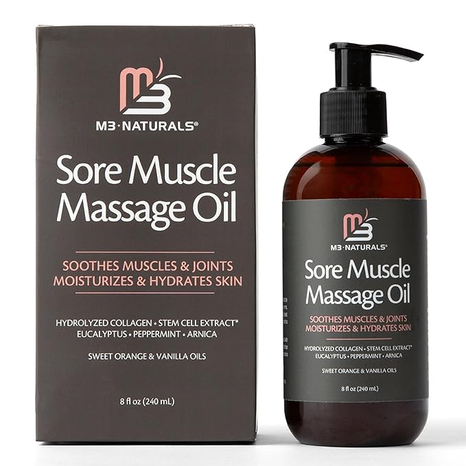 M3 Naturals Arnica Sore Muscle Massage Oil with Collagen, Stem Cells, and Menthol, Anti-Cellulite Therapy for Full Body, Fast-Absorbing Multipurpose Treatment