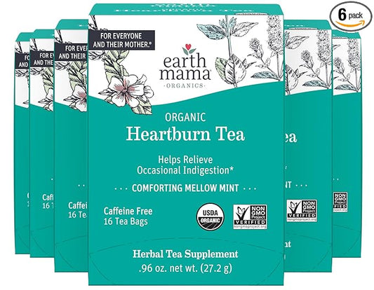 Earth Mama Organic Heartburn Tea | Pregnancy-Safe Soothing Herbal Blend with Marshmallow Root, Lemon Balm & Chamomile, 16 Teabags Per Box (6-Pack)