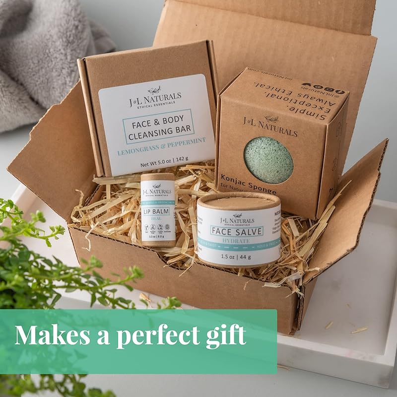 J&L Naturals Simple Skin Regimen Kit With Cleansing Bar, Face Salve, Konjac Sponge, Lip Balm | For Oily, Dry, Mature, and Combination Skin | Zero Waste (Hydrate (dry skin), Simple)