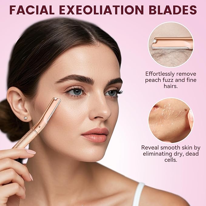 Eyebrow Razor-Face Razors for Women-Dermaplaning Tool for Face Exfoliation & Peach Fuzz with 12 Refill Blades-Facial Dermaplane Razors Shaver-Rose Gold