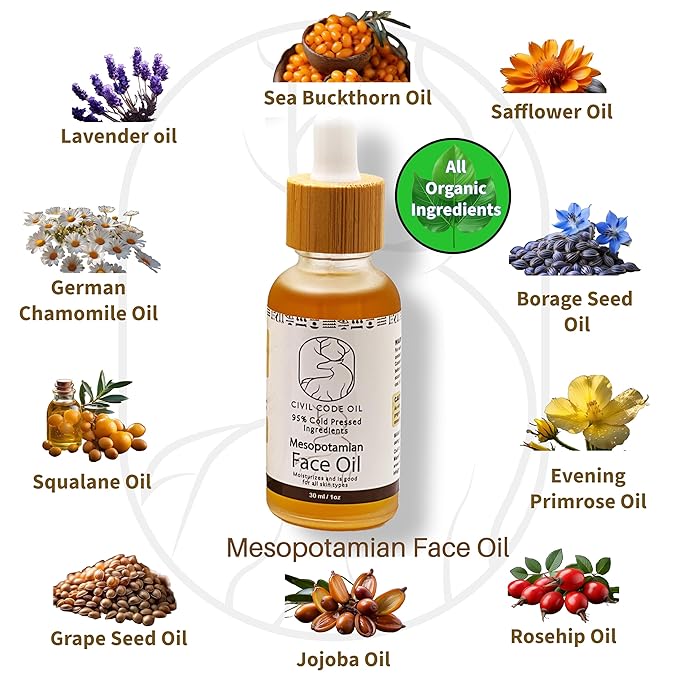 Mesopotamian Face oil for women, Cold-Pressed, Organic Anti Aging Facial Oil, Sea Buckthorn, Safflower, Borage Seed, Rosehip, Jojoba Oil, Squalane, Lavender Oil… 1oz.