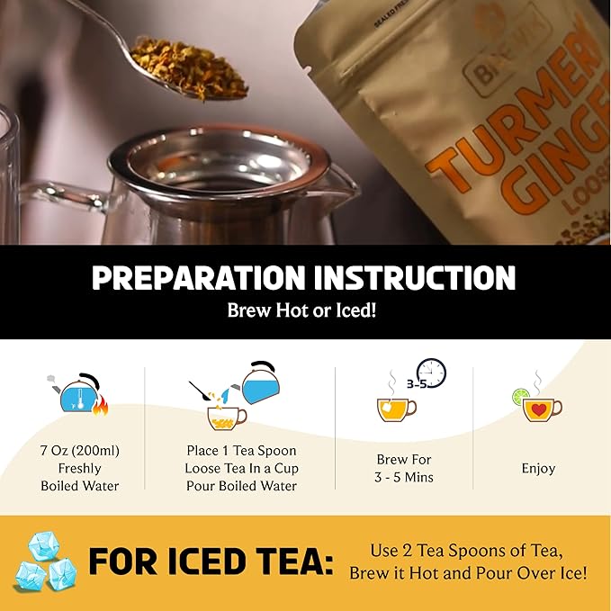 BREWIX, Turmeric Ginger Loose Herbal Tea (100+ Cups, 7.05oz/200g) Caffeine & Gluten Free | Ginger Root Tea | Savory & Spicy
