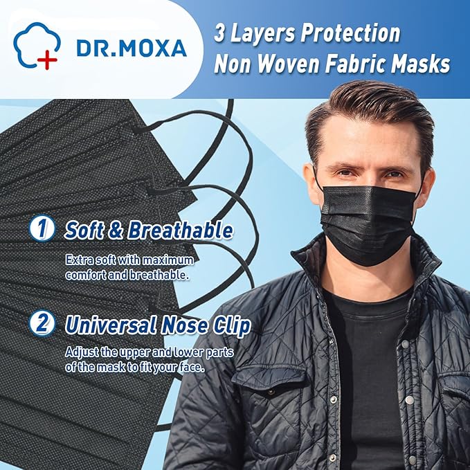 DR.MOXA 1000Pcs Black Disposable Medical Face Mask (10 Boxes, 100pcs/Box) 3-Ply Protection Face Mask for Adults