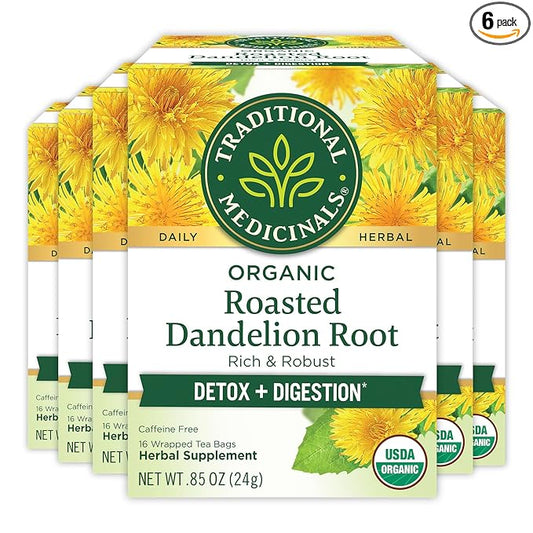 Traditional Medicinals Tea, Organic Roasted Dandelion Root, Supports Kidney Function & Healthy Digestion, 96 Tea Bags (6 Pack)