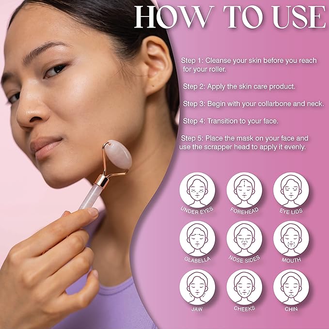 Rose Quartz Face Roller Gua Sha - Rose Quartz Gua Sha Skin Care Set Includes Pink Face Roller & Scraper Tool, Face Sponge, Scented Candle, & Crystal Oil Bottle