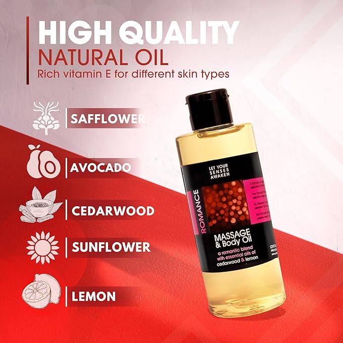 LOVE PLAY Set Massage Oil & Body Oil Set with a Blend of Cedarwood & Lemon Essential Oils – Relaxing Aromatherapy for Skin & Body Care