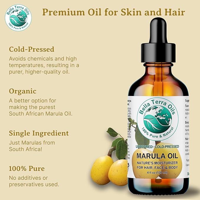 Bella Terra Oils - Marula Oil 8 oz - Cold-Pressed, Rich in Amino Acids & Antioxidants, the Epitome of Luxury Face Oil, Boost Your Glow