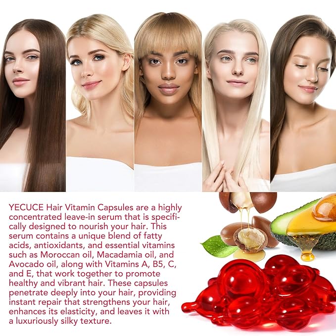 Hair Oil for Women,Hair Serum Capsules, Hair Vitamins,60 Pcs Hair Vitamins Serum Capsule, Restores Dry Frizzy Hair, Hair Oil Capsules with Moroccan/Macadamia/Avocado Oil for Hair Repair