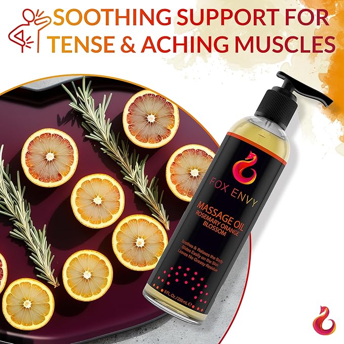 Massage Oil for Couples, Women & Men (1 Bottle, 8 fl oz) - Fox Envy Orange Blossom with Rosemary Scented Sensual Oil with Coconut Oil & Jojoba Oil - Enhances Stimulation for The Body & Muscles