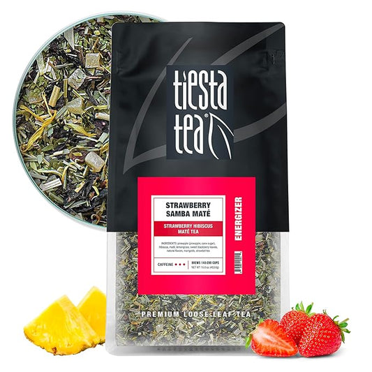 Tiesta Tea - Strawberry Samba Mate | Loose Leaf | Strawberry Hibiscus Mate Tea | High Caffeinated Fruit Blend | Make Hot or Iced Up to 200 Cups | 16oz Resealable Bulk Bag