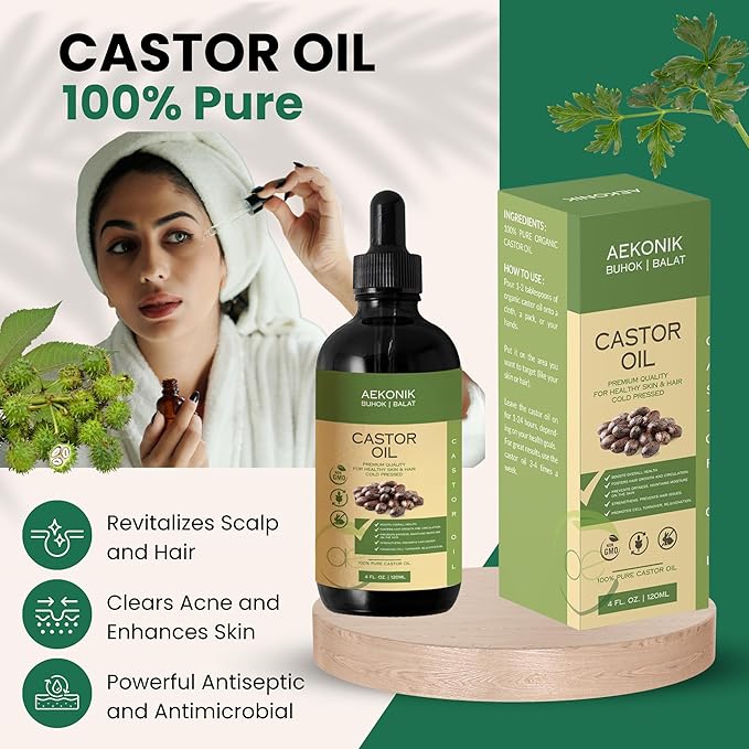 Organic Cold Pressed Castor Oil - Promotes Hair Growth, Scalp Health & Deep Moisturization - Pure & Natural Healing Properties - Versatile Use for Hair, Skin & Eyelash Growth | 4fl oz (120 ml)