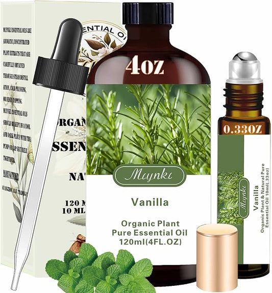 4 Fl Oz/120 ml Vanilla Essential Oil, Send Gift Roll-on (10 ml) - 100% Natural, Aromatherapy, Diffuser, Massage, Yoga, DIY Soap and Candle Making, Fragrance Oils, Spa Skin Care
