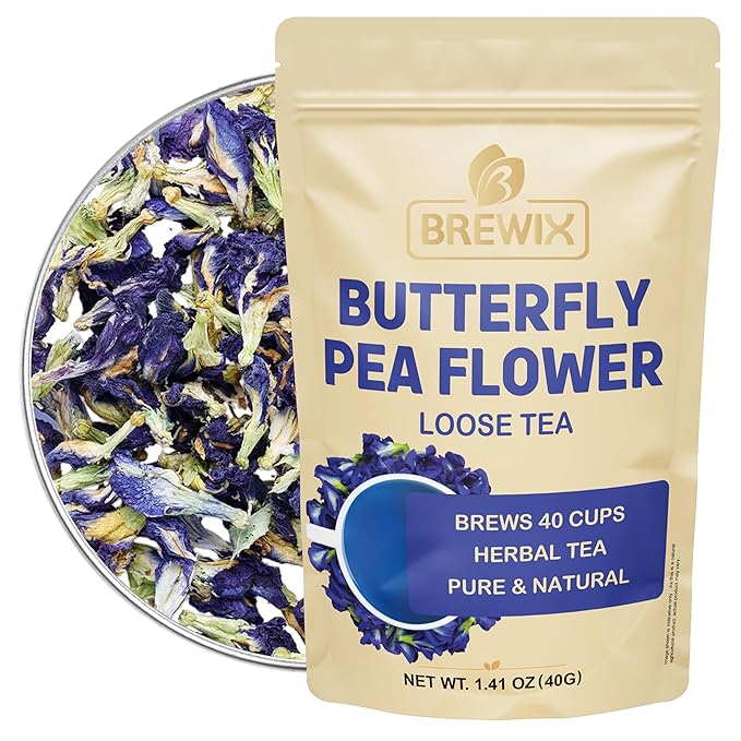 BREWIX, Butterfly Pea Flower Herbal Tea Loose Leaf (40+ Cups,1.41oz/40g) | Caffeine Free | Premium Dried Butterfly Pea Flowers For Blue & Purple Drinks, Food Coloring