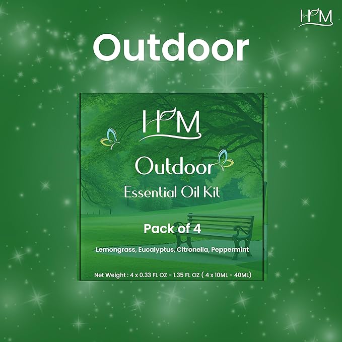HM Outdoor Essential Oil Kit – 4 Pack | Gift Set | Lemongrass, Eucalyptus, Citronella, Peppermint | Refreshing Aromatherapy for Camping, Patio & Outdoor Use – 1.35 FL OZ Each