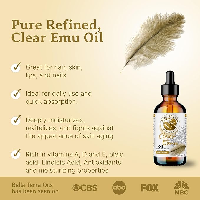 Bella Terra Oils - Clear Emu Oil 4oz - Inspired by Nature's Perfection, High in Omega-3 & Omega-6 Acids, Skin's Best Companion for Moisturization