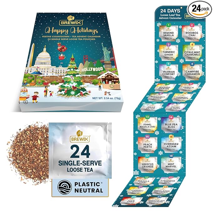 BREWIX, Tea Advent Calendar 2024 | 24 Loose Leaf Teas - Luxury Gift Box | Selection of 24 Delightful Black/Green Teas and Infusions | Christmas Gift Idea for Men and Women