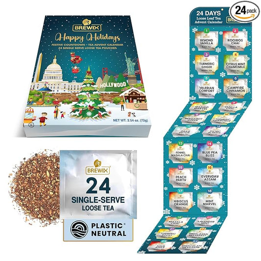 BREWIX, Tea Advent Calendar 2024 | 24 Loose Leaf Teas - Luxury Gift Box | Selection of 24 Delightful Black/Green Teas and Infusions | Christmas Gift Idea for Men and Women