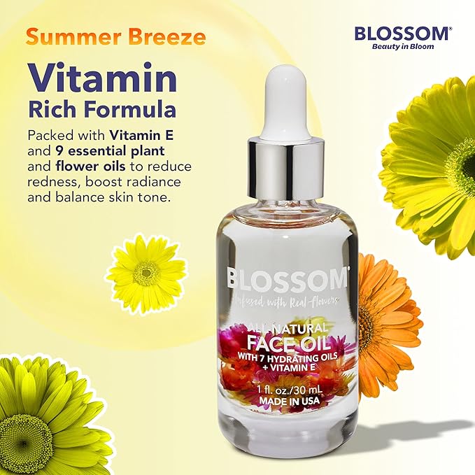 Blossom Unscented All Natural, Vegan, Cruelty Free Face Oil with Vitamin E, Infused with Real Flowers, Made in USA, 0.5 fl. oz., Summer Breeze