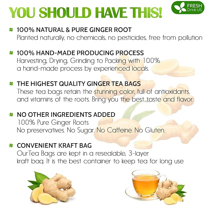 FRESHDRINKUS Premium 120 Ginger Tea Bags, 100% Natural & Pure from Ginger Roots, Ginger Tea, Ginger Herbal Tea. Ginger Tea. No Sugar, No Caffeine, No Gluten, Vegan.