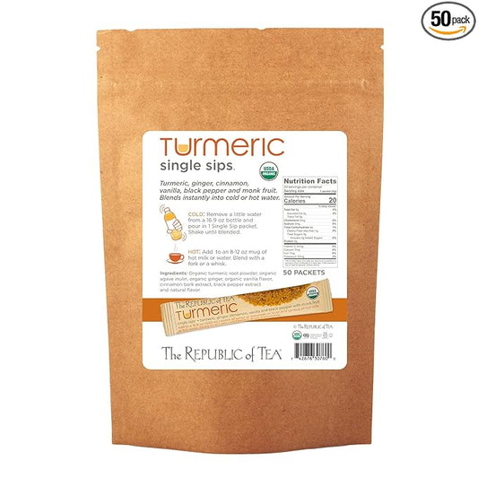 The Republic of Tea Organic Turmeric Single Sips, 50 Single Servings of Instant Turmeric Tea