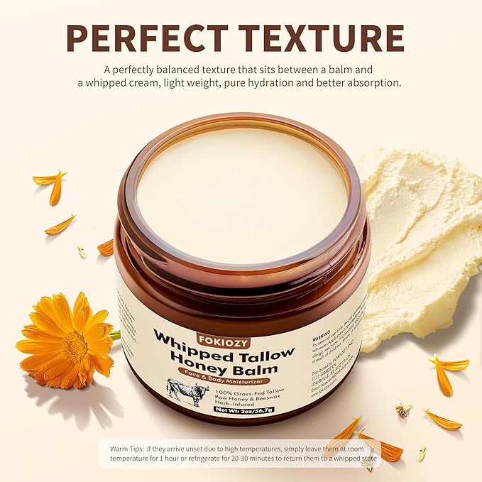 Beef Tallow for Skin, 100% Grass-Fed Whipped Beef Tallow Honey Balm for Face and Body, Tallow Face Moisturizer with Jojoba Oil, Shea Butter for Sensitive, Dry Skin - 2 oz