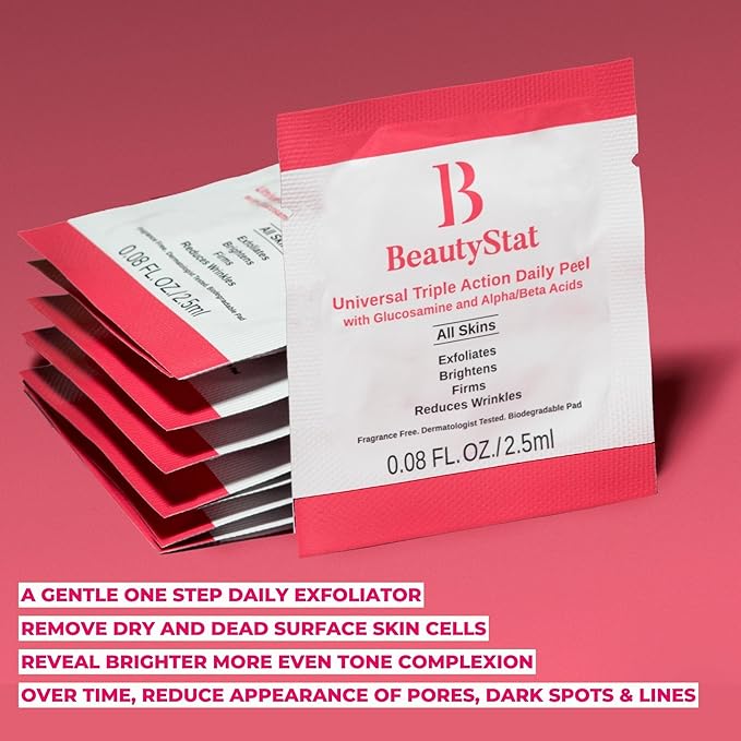 BeautyStat Triple Action One-Step Daily Exfoliating Peel Pad for Uneven Tone, Texture, Fine Lines, Enlarged Pores - Gentle Exfoliator Pad with AHAs, BHAs, Glucosamine to Brighten