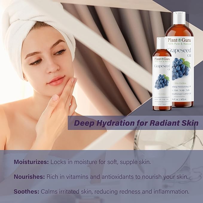 Grapeseed Oil 8 oz. Cold Pressed 100% Pure Natural Carrier For Skin, Body, Face, and Hair Growth Moisturizer. Great For Creams, Lotions, Lip balm and Soap Making.