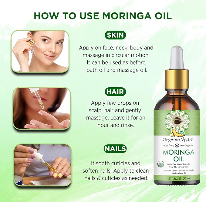 Organic Veda Moringa Oil Virgin 100% Pure & USDA Organic - Multi Purpose, Face, Hair & Skin, Nails, Fast Absorbing, Moisturizing & Beautifying - The Miracle Tree Moringa Oleifera Seed Oil, 1.7 fl.oz