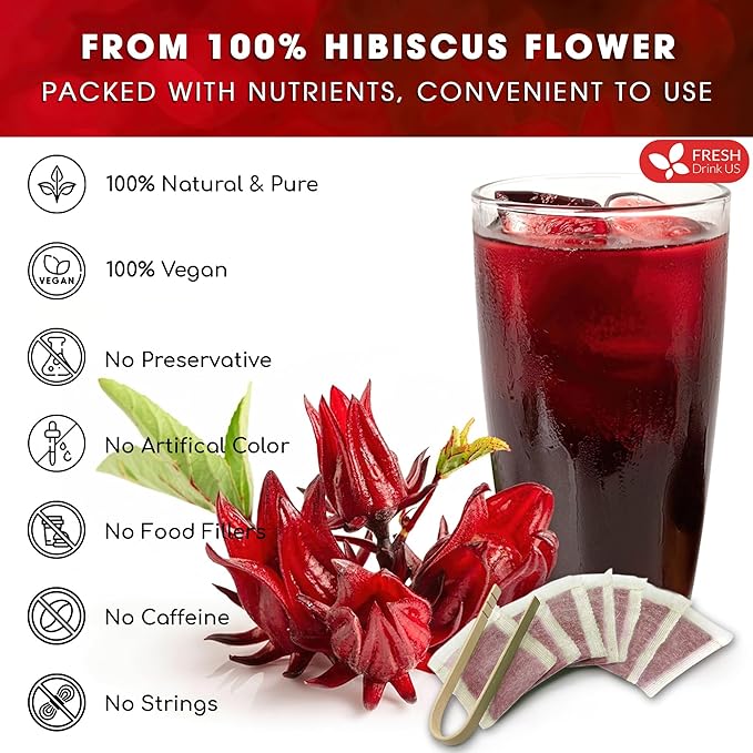 FreshDrinkUS Premium 60 Hibiscus Tea Bags, 100% Natural & Pure. Loose Flower Herbal Tea, No Sugar, Caffeine, Gluten. Vegan.