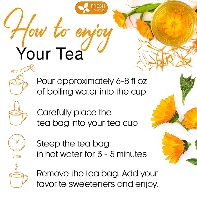 FRESHDRINKUS 75 Calendula Tea Bags, 100% Natural and Pure Calendula Flowers, Eco-conscious Tea Bags. Calendula Flower Herbal Tea. No Sugar, No Caffeine, No Gluten, Vegan.