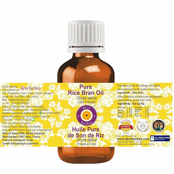 dève herbes Pure Rice Bran Oil (Oryza sativa) 100% Natural Therapeutic Grade Cold Pressed 100ml (3.38 oz)