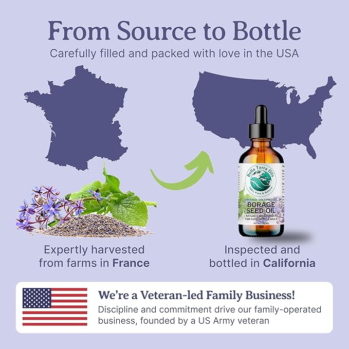 Bella Terra Oils - Organic Borage Seed Oil 2 oz - Cold-Pressed Excellence, Rich in Gamma-Linolenic Acid (GLA), Vitamins & Minerals, Ideal Nourishing Elixir for Skin