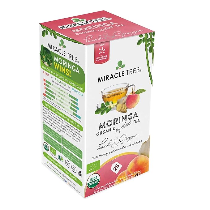 Miracle Tree - Organic Moringa Superfood Tea, 25 Individually Sealed Tea Bags, Peach & Ginger (Keto, Detox, Energy & Immunity Booster, Vegan, Gluten-Free, Organic, Non-GMO, Caffeine-Free)