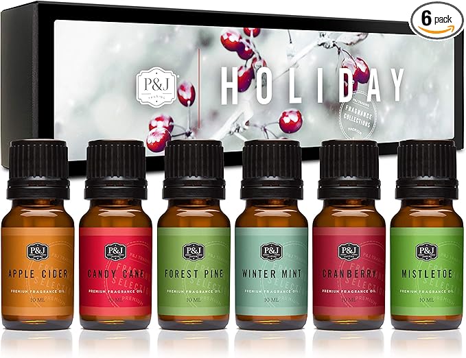 P&J Fragrance Oil Holiday Set | Mistletoe, Candy Cane, Wintermint, Apple Cider, Cranberry, and Forest Pine Candle Scents for Candle Making, Freshie Soap Making Supplies, Diffuser Oil Scents