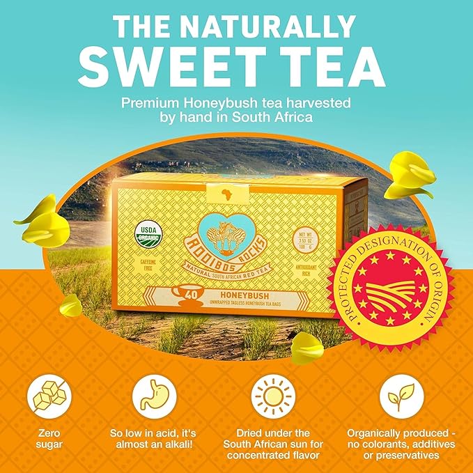 Caffeine Free South African Honeybush Tea 40 Decaf Tea Bags - Premium Tea Safe for Children, Pregnant Women and Nursing Moms – Naturally Sweet, Sustainably Sourced and Ethically Farmed in South Africa
