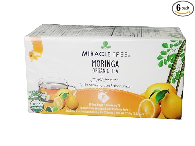 Miracle Tree - 6 Count of Organic Moringa Superfood Tea, 25 Individually Sealed Tea Bags, Lemon (Keto, Detox, Energy/Immunity Booster, Vegan, Gluten-Free, Organic, Non-GMO, Caffeine-Free)