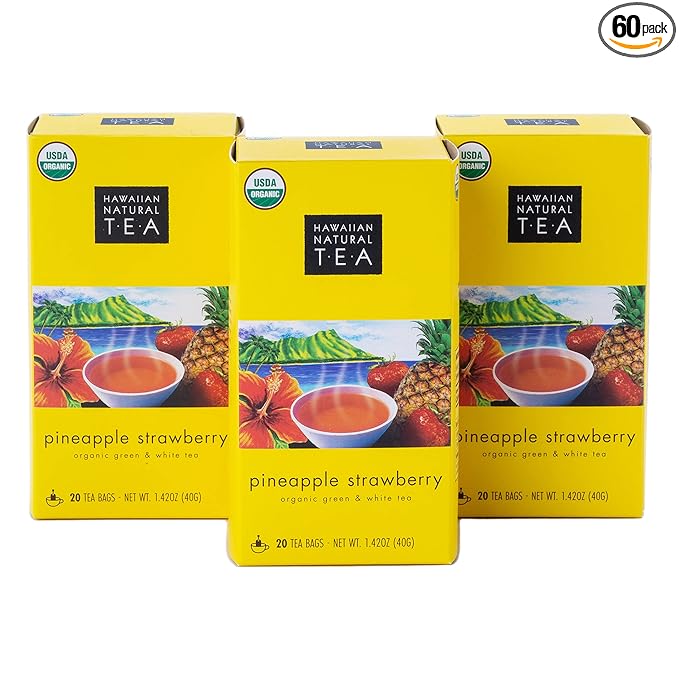 Hawaiian Natural Tea Pineapple Strawberry Flavored Organic Tea - Tropical Fruit Green Tea Blend with White Tea - Perfect Daily Cup & Gift for Tea Lovers - 60 Tea Bags