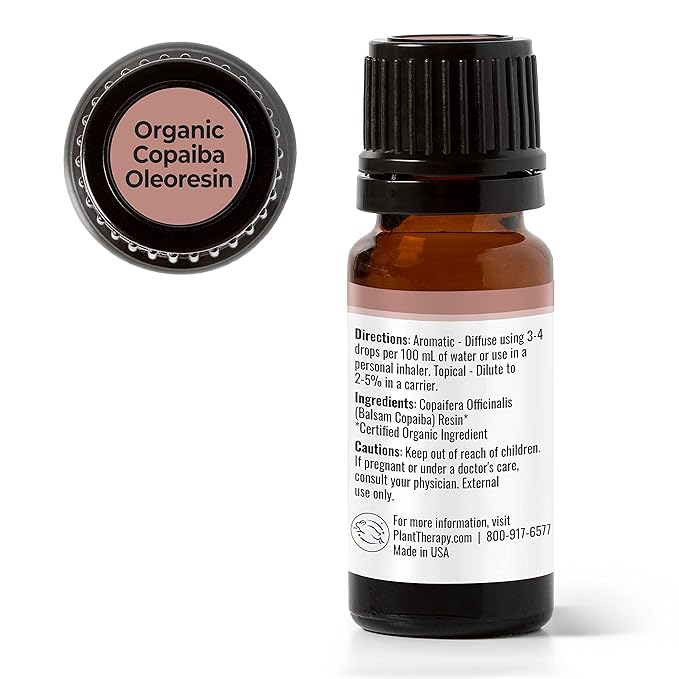 Plant Therapy Copaiba Oleoresin Organic Essential Oil 100% Pure, Undiluted, Natural Aromatherapy for Diffuser & Skin, Therapeutic Grade 10 mL (1/3 oz) Organic Copaiba Oil for Calming, Massage, Candles