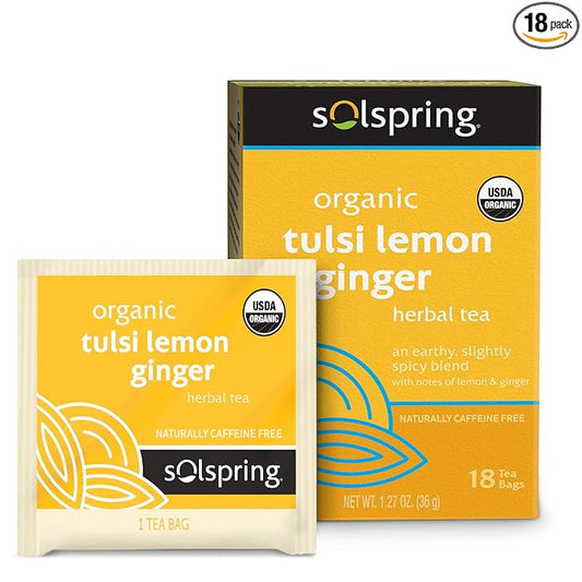 Dr. Mercola Solspring Organic Tulsi Lemon Ginger Herbal Tea, 18 Tea Bags, Naturally Caffeine Free, USDA Organic, Organic Demeter Certified