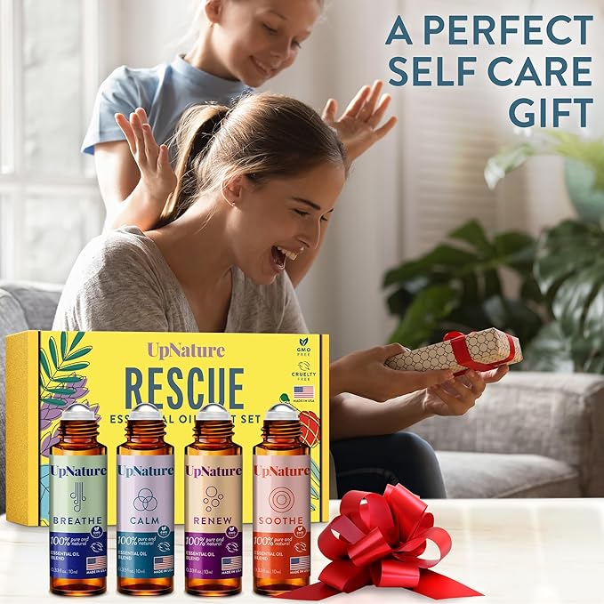 UpNature Essential Oils Roll On Set (Pack of 4) Stress Relief Gift Aromatherapy Oil - Self Care Gifts for Women